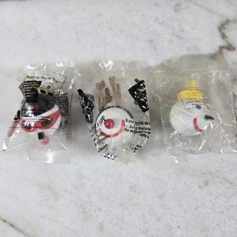 Lot of 3 Vtg Jack In The Box Antenna Toppers Sealed Classic Jack Snowman Basebal